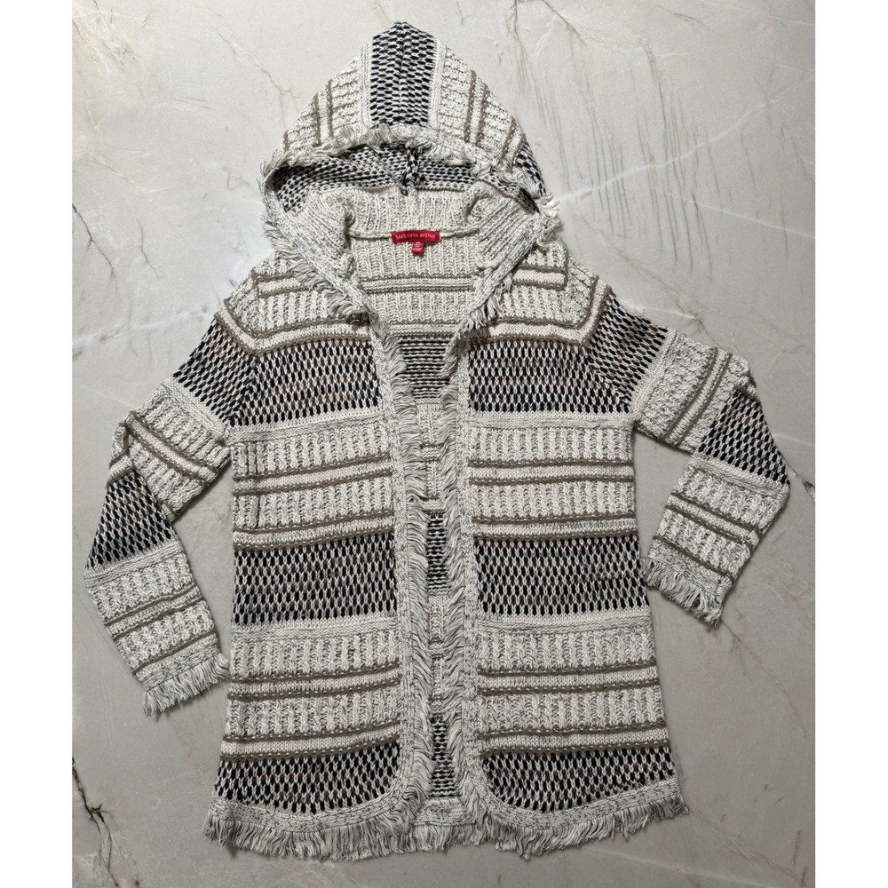 Saks Fifth Avenue Womens Hooded Fringe Knit Cardigan Striped Boho Sweater Medium